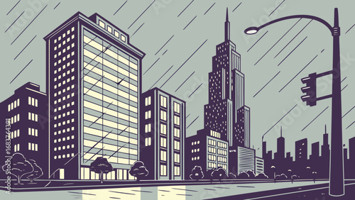 Rainy cityscape with tall skyscrapers and modern buildings illustration