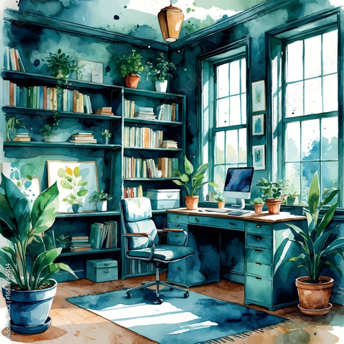 Atmospheric Home Office Watercolor Art. Cozy Bookshelf and Desk Interior Illustration.
