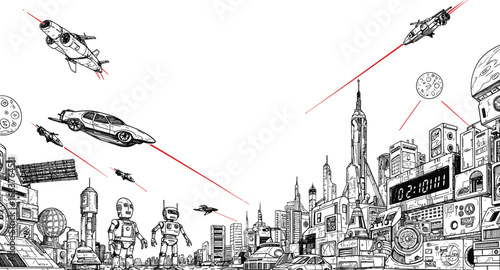 Futuristic, city, robots, flying cars, spacecraft, drones, lasers, skyscrapers, planets, digital clock, black, white, sci-fi, space, architecture, technology, innovation, illustration, urban, advanced