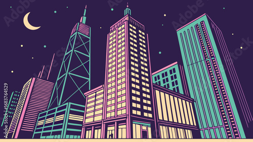 Modern city skyline at night with tall buildings and glowing lights illustration