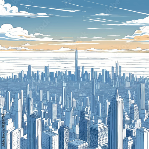 Vast City Skyline Outline Vector Panorama. Architectural Urban Horizon Line Drawing.