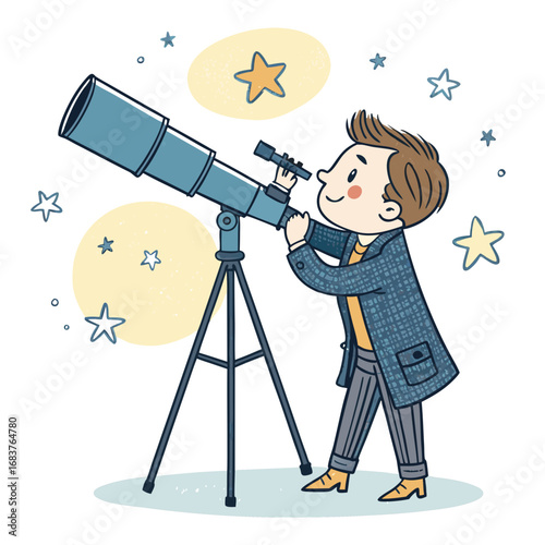 Cute cartoon boy looking at the stars through a telescope.