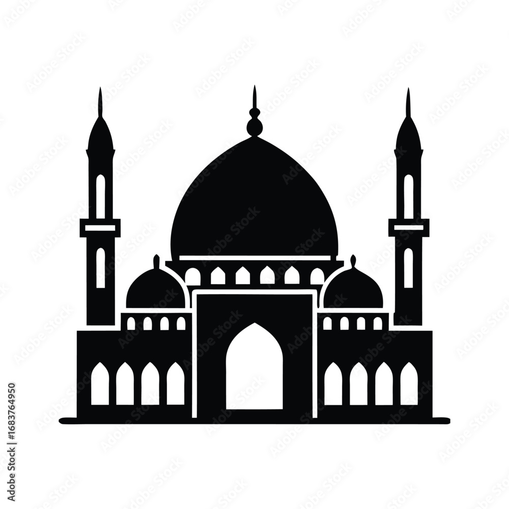Fototapeta premium Black Silhouette Illustration of a Mosque Building with Minarets and Dome for Islamic Design