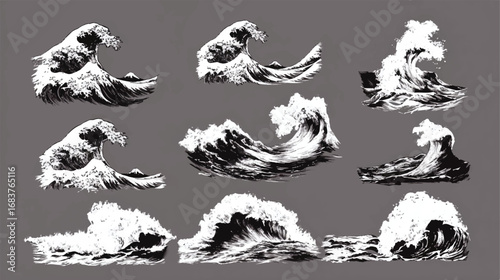 Illustrative depiction of ocean waves in monochromatic drawing for artistic creativity and sea adventures