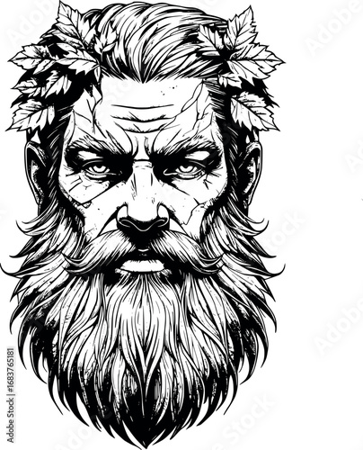 Earth elemental face etching. Grounded portrait with bark texture and nature motifs.