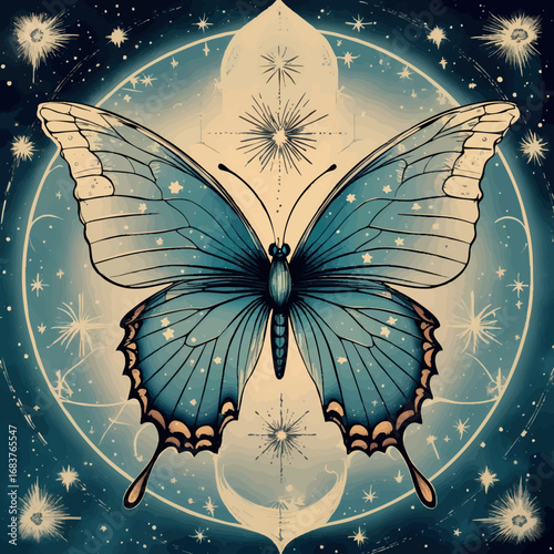 Ether butterfly spirit engraving. Celestial surreal etching with dreamlike energy.