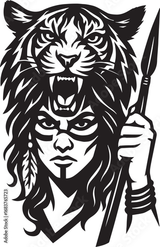 Warrior Woman with Tiger Headdress and Spear female indigenous