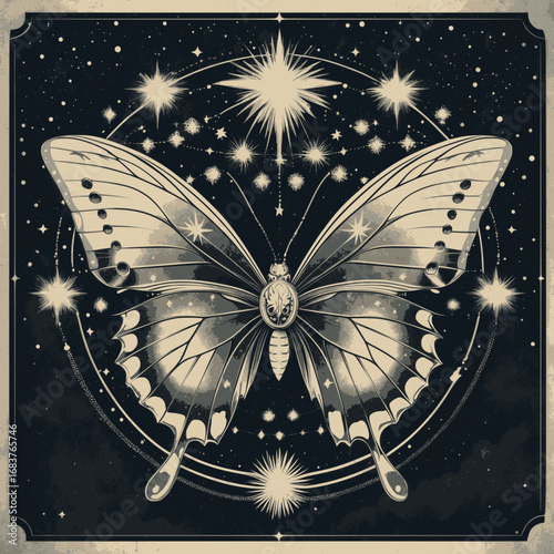 Ether butterfly spirit engraving. Celestial surreal etching with dreamlike energy.