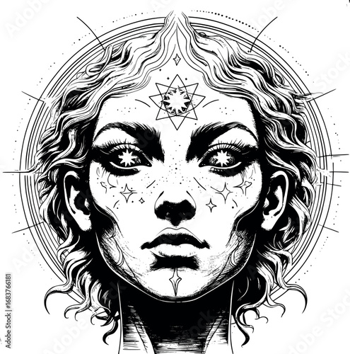 Ether elemental face engraving. Surreal spiritual etching with aura and cosmic eyes.