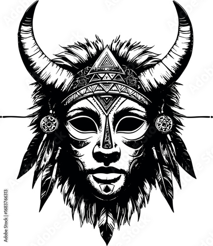 Shamanic ritual mask. Engraved etching with horns and ancient symbolic geometry.