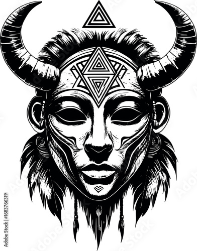 Shamanic ritual mask. Engraved etching with horns and ancient symbolic geometry.