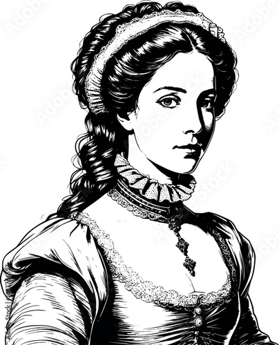 Marie Antoinette engraving. Historical elegance in engraved detail.