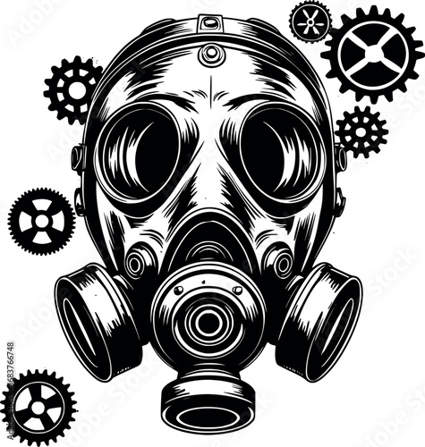 Monochrome gas mask motif. Post-apocalyptic survival symbol with gears and radiation sign.
