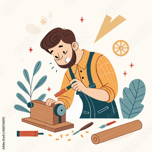 Flat design illustration of a carpenter working with wood.
