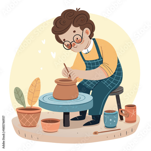Focused artisan crafting a clay pot on a potters wheel.