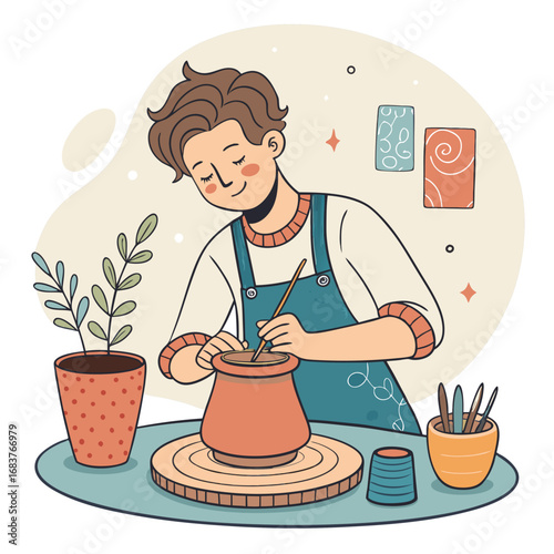 Focused Young Artisan Crafting a Clay Pot on a Potters Wheel.