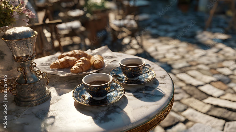 Fototapeta premium French cafe breakfast croissants and coffee on marble table outdoor european cafe morning sunlight aesthetic