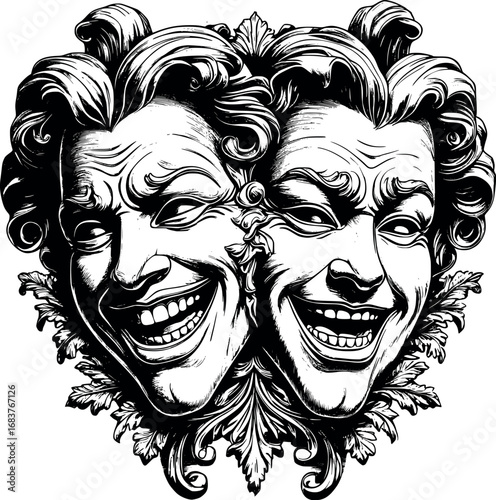 Comedy and tragedy masks. Etched symbolic engraving of dual emotions in vintage style.