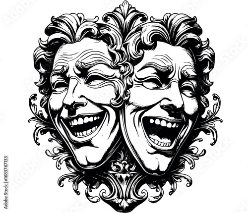 Comedy and tragedy masks. Etched symbolic engraving of dual emotions in vintage style.