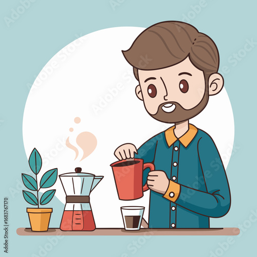 Happy bearded man pouring fresh coffee from a moka pot.