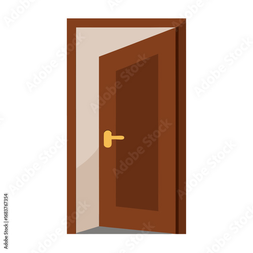 Open brown wooden door with handle vector on white background.