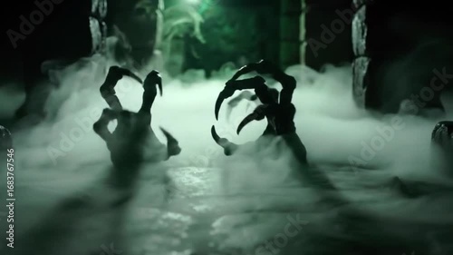 Creepy, demonic hands with long claws rising from a misty, green-lit dungeon floor, perfect for a terrifying horror or Halloween sequence