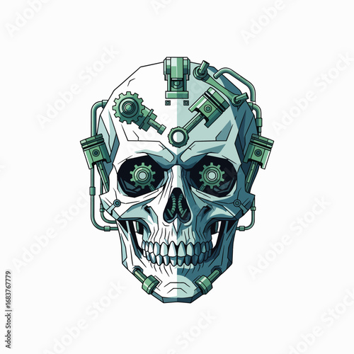 Steampunk Mechanical Human Skull With Gears And Pistons Design Element