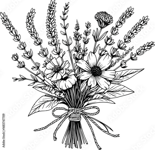 Rustic lavender groom boutonniere outline illustration. Vector line art of countryside wedding lapel decoration with wildflowers and natural twine wrap.