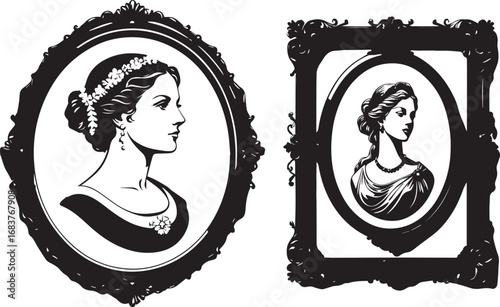 Elegant cameo women portraits with intricate vintage ornamental frame on white background