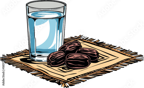 Ramadan fasting essentials vector. Outline of dates and water in simple symbolic style.