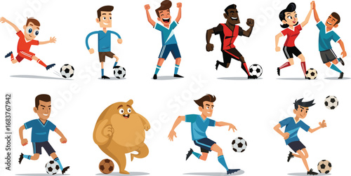 Collection of cartoon soccer players in action poses playing football, kicking ball, celebrating victory, isolated on white background for sports vector design