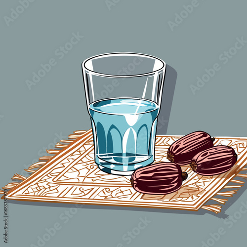 Ramadan fasting essentials vector. Outline of dates and water in simple symbolic style.