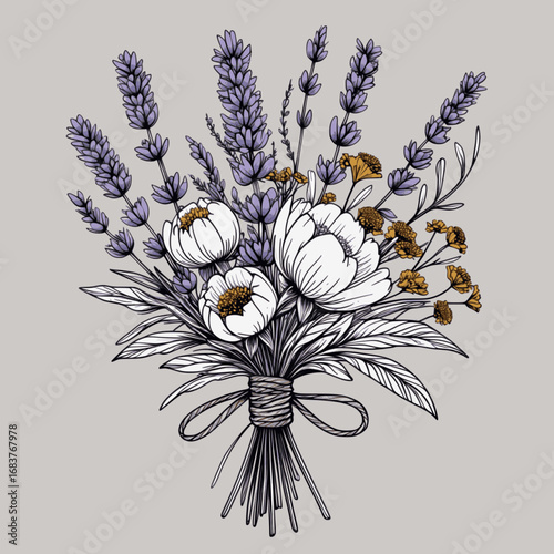 Rustic lavender groom boutonniere outline illustration. Vector line art of countryside wedding lapel decoration with wildflowers and natural twine wrap.