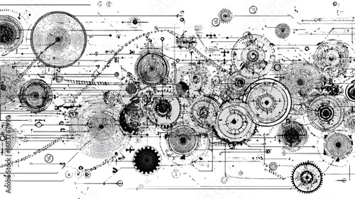 Intricate abstract machine design with gears and lines concept illustration in black and white mechanical engineering detailed drawing