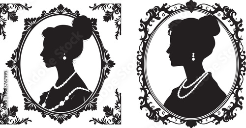 Elegant cameo women portraits with intricate vintage ornamental frame on white background