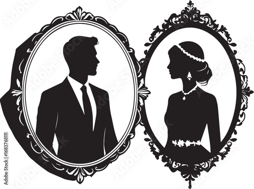 Elegant cameo women portraits with intricate vintage ornamental frame on white background