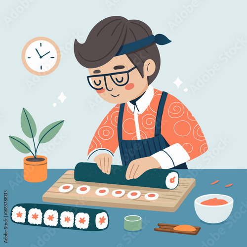 Illustration of a Japanese chef preparing maki sushi rolls.