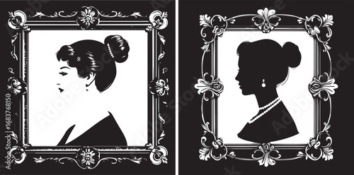 Elegant cameo women portraits with intricate vintage ornamental frame on white background
