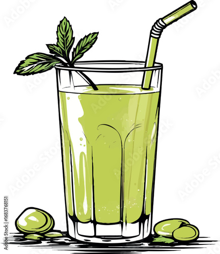 Sugarcane juice outline vector. Glass with straw and mint in clean line style.