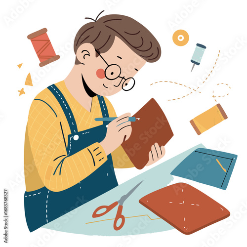 Illustration of a young craftsman focused on a handmade project.