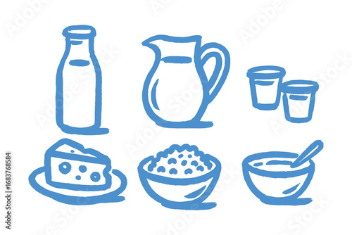 Dairy products set sketch thick contour vector illustration