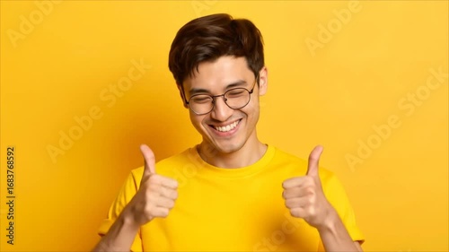 Man giving thumbs up against bright yellow background