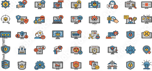 Collection of cybersecurity icons depicting various threats and protection measures, vector illustration