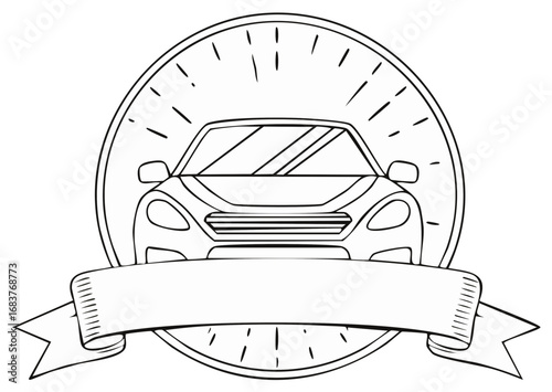 Car emblem front view, clean line art template with ribbon banner, advertising layout