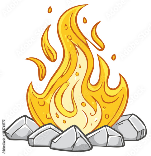 Bright cartoon campfire illustration with warm glowing flames and gray rocks