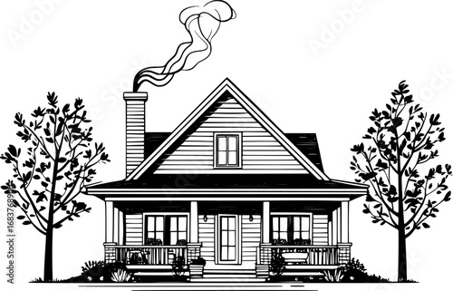 Family home outline vector. Cozy house with yard and chimney in minimal line art.