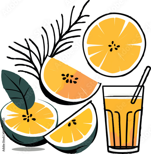 Raw mango juice outline vector. Line drawing of slices and juice in minimalist style.