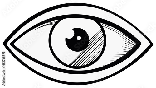 Illustrative eye in a classic engraving style, black and white with hatching details