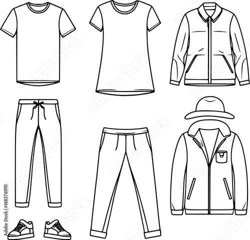 Essential Clothing Items Outline Collection. Minimalist Continuous Line Drawing of Wardrobe Basics Vector Illustration for Fashion Concepts.