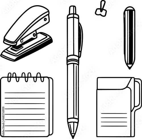Office supplies outline icon set. Minimalist continuous line drawing of stationery items. Vector illustration for business and education.